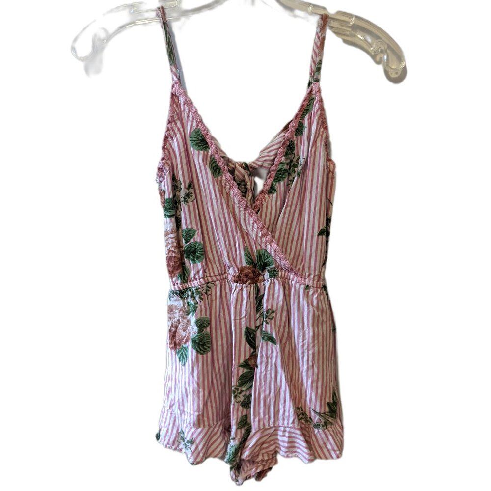 Vintage Y2K Angie Floral Striped Romper Ruffle Hem Boho Beach Festival Cute Sz S